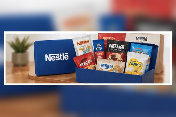 Pequenos produtos e embalagens de alimentos representando campanhas de amostras grátis da Nestlé no Brasil.