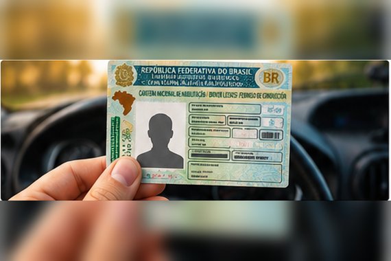 Pessoa brasileira segurando uma carteira de habilitação em frente a um centro de formação de condutores, representando o programa CNH Social.