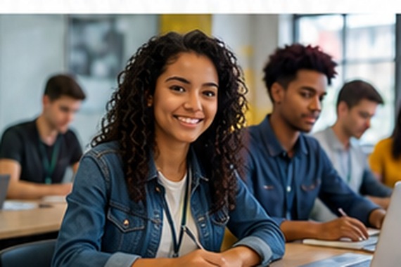 Jovem em ambiente profissional realizando atividades de aprendizagem com computador e material de estudo.
