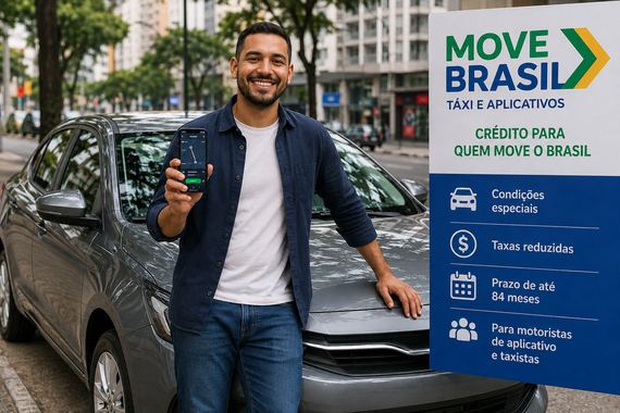 Motorista de aplicativo ao lado de um carro novo, segurando o celular, em uma rua urbana brasileira, transmitindo a ideia de trabalho, mobilidade e financiamento automotivo.