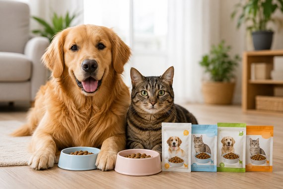 Cão e gato ao lado de pequenos pacotes de alimento pet representando campanhas de amostras grátis de ração.