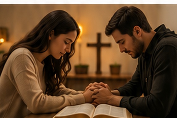Casal brasileiro utilizando um aplicativo de namoro cristão no celular em um ambiente tranquilo e acolhedor.