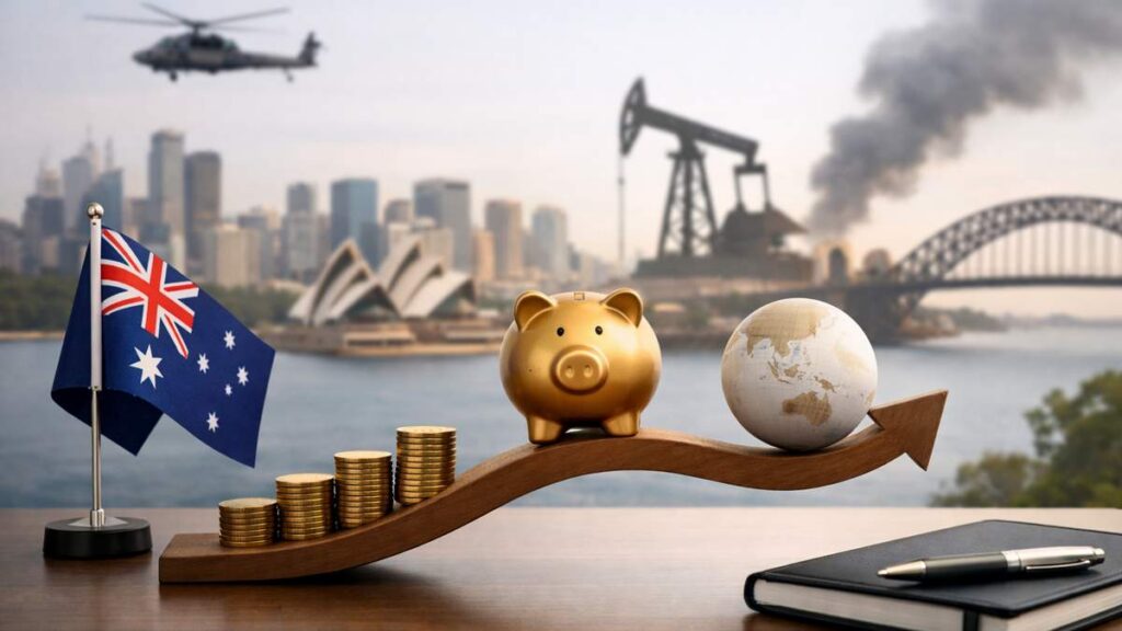 Investment risk and global events concept scene on a wooden table, showing an Australian flag, stacked coins, a gold piggy bank, a small globe, and an upward arrow, with a notebook and pen in the foreground and a blurred Sydney Harbour background featuring the Opera House, Harbour Bridge, city skyline, helicopter, oil pump, and smoke, representing how geopolitical events, energy markets, and worldwide uncertainty can affect investments.