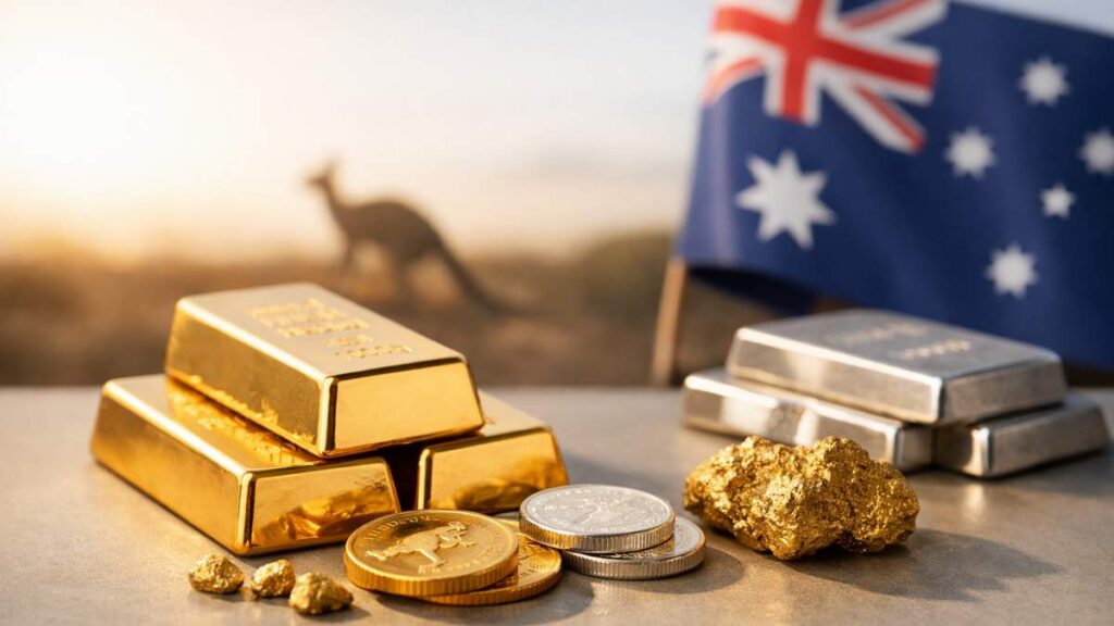 Gold and precious metals investment scene showing stacked gold bars, silver bars, gold and silver coins, small gold nuggets, and a larger raw gold nugget on a table, with an Australian flag and a kangaroo silhouette blurred in the sunset background.